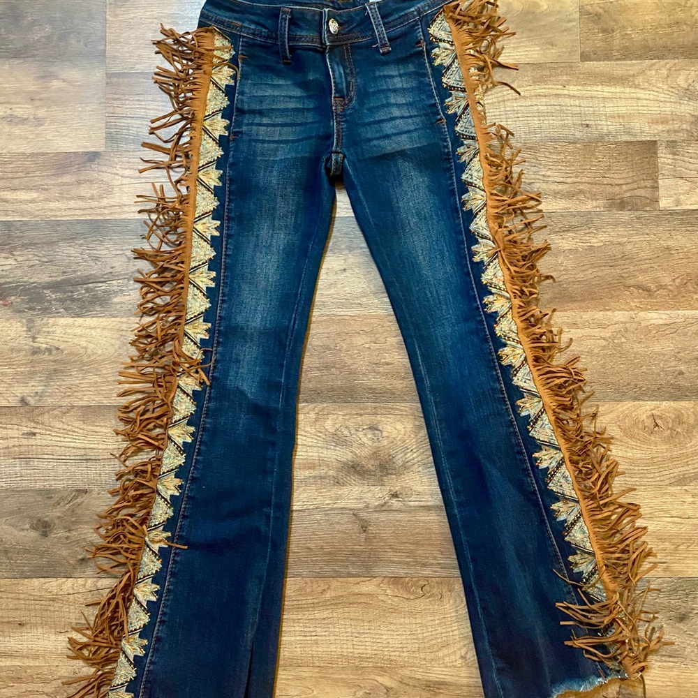 Grace Blue and Brown Fringe Flare Jeans
